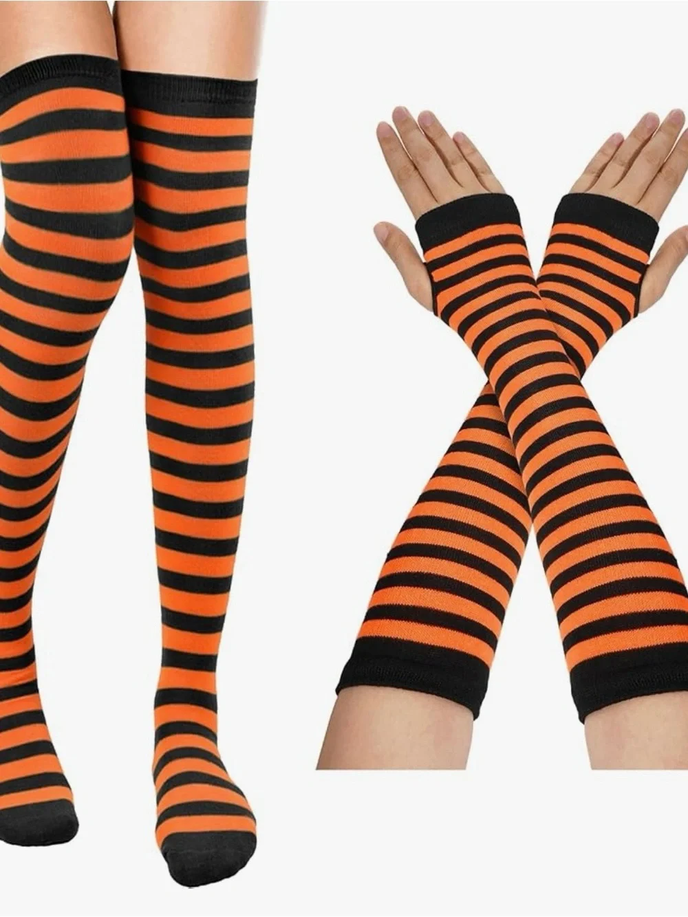 🎃NEW Orange & Black Striped Thigh High Socks & Arm Warmers/Fingerless Gloves Set